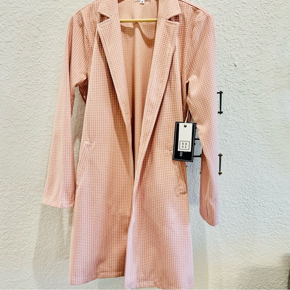 Blush Gingham Midweight Blazer Coat | Open Front Longline Jacket NWT - Picture 5 of 9